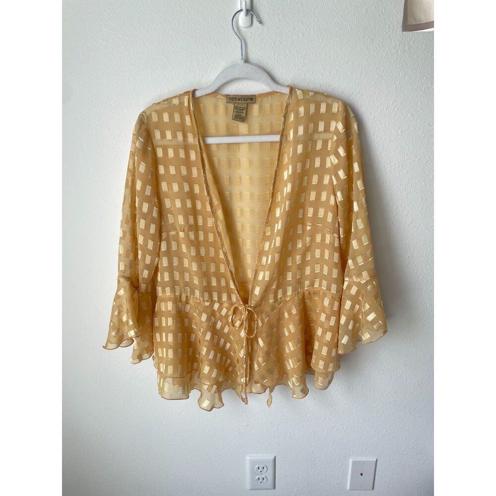 Fairycore tie front top L Notations sheer gold peplum bell sleeve blouse